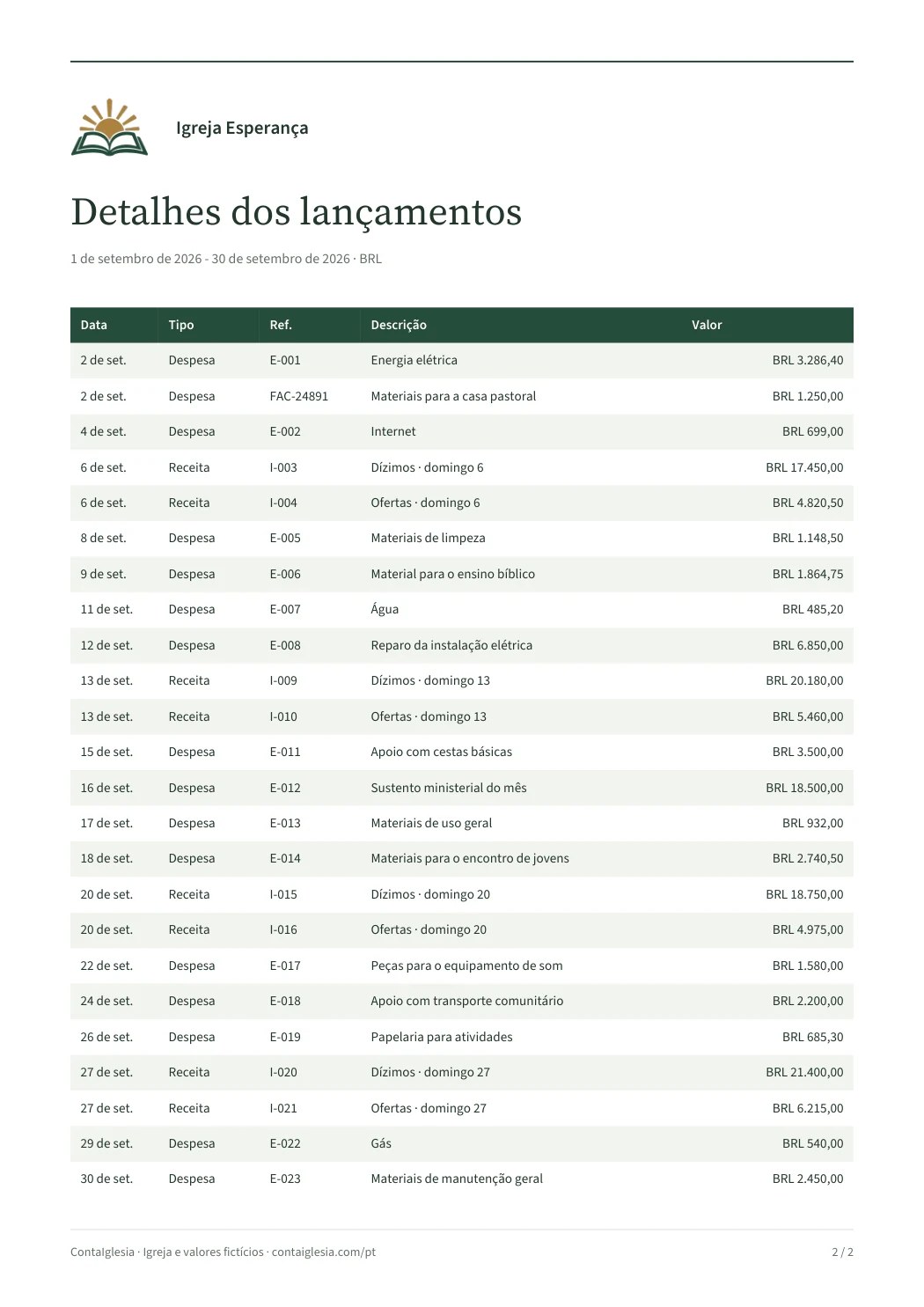 Segunda página do relatório: 24 movimentos fictícios, com data, referência, descrição e valor em reais