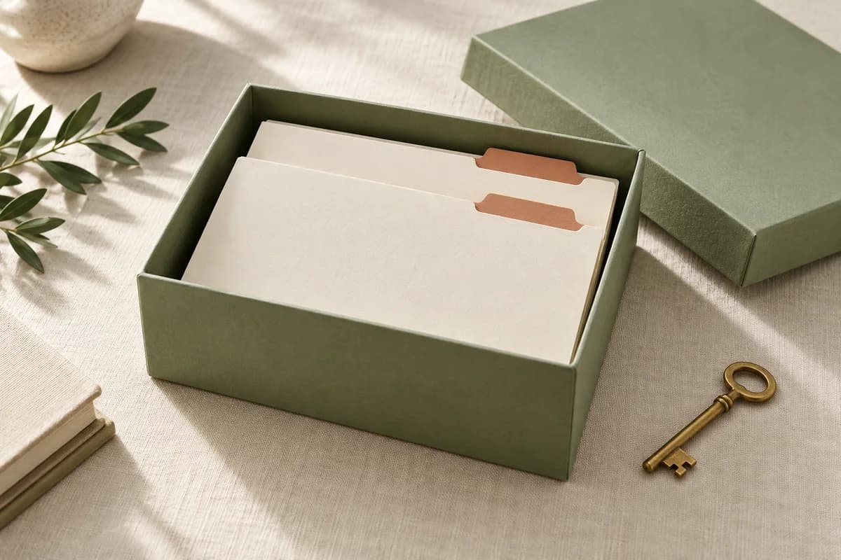 Caja de archivo abierta con carpetas y una llave junto a los documentos de entrega