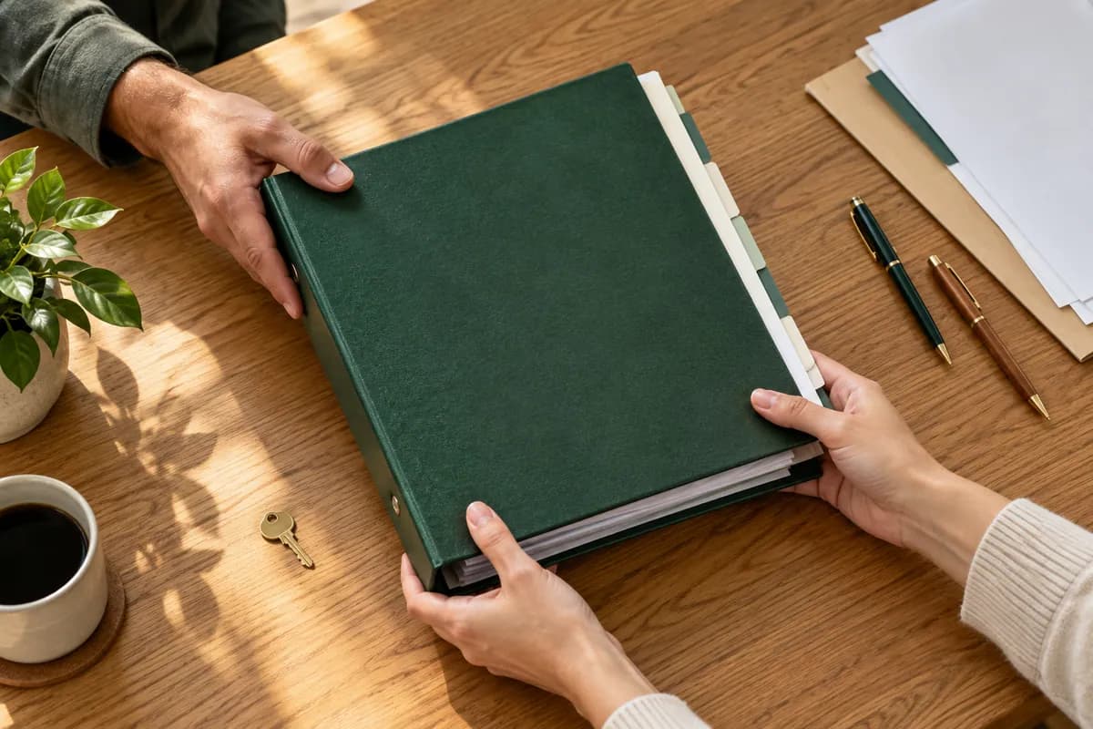 Two people handing over an organized treasury folder