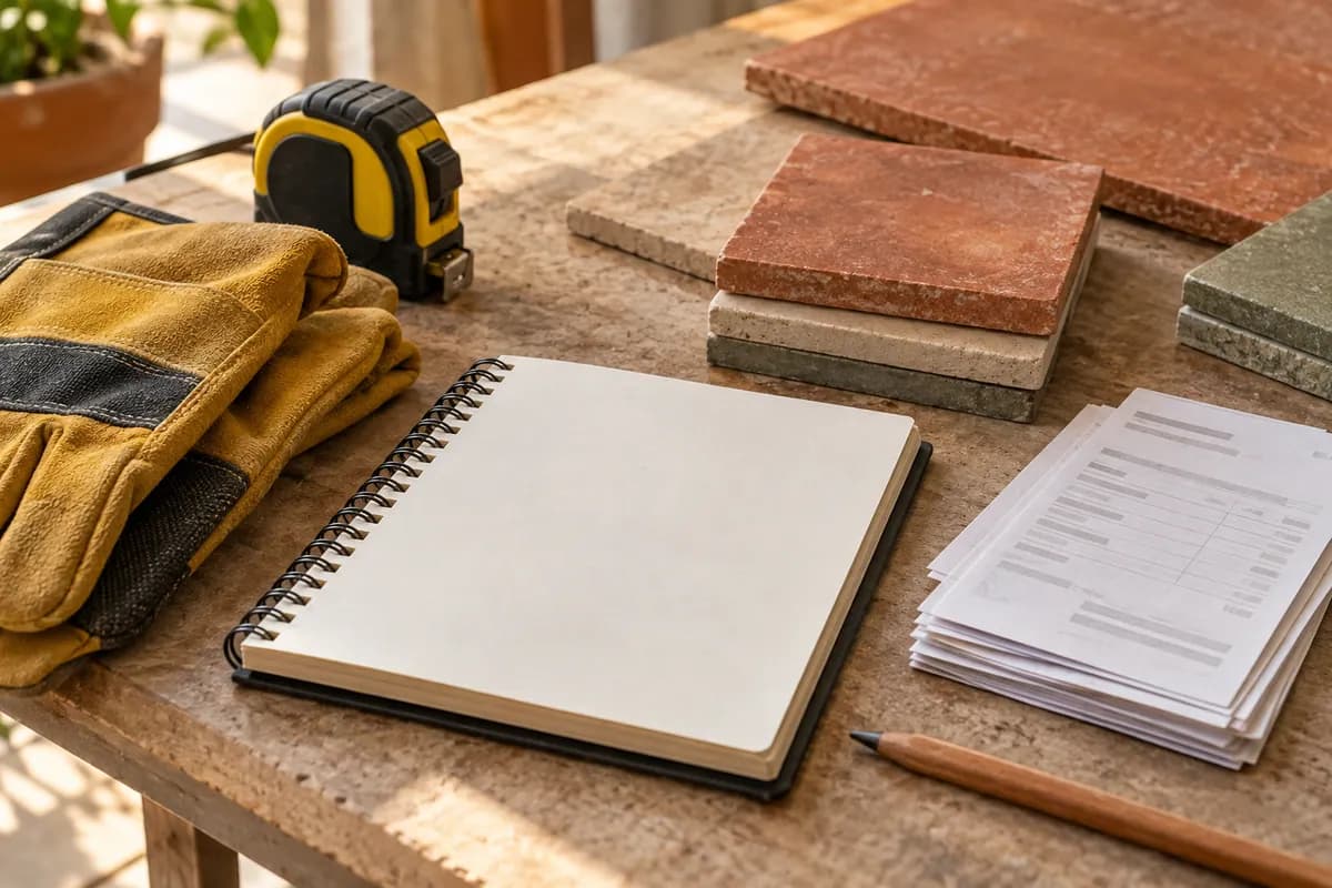 Cuaderno de obra, recibos de materiales y herramientas preparados para revisar los gastos