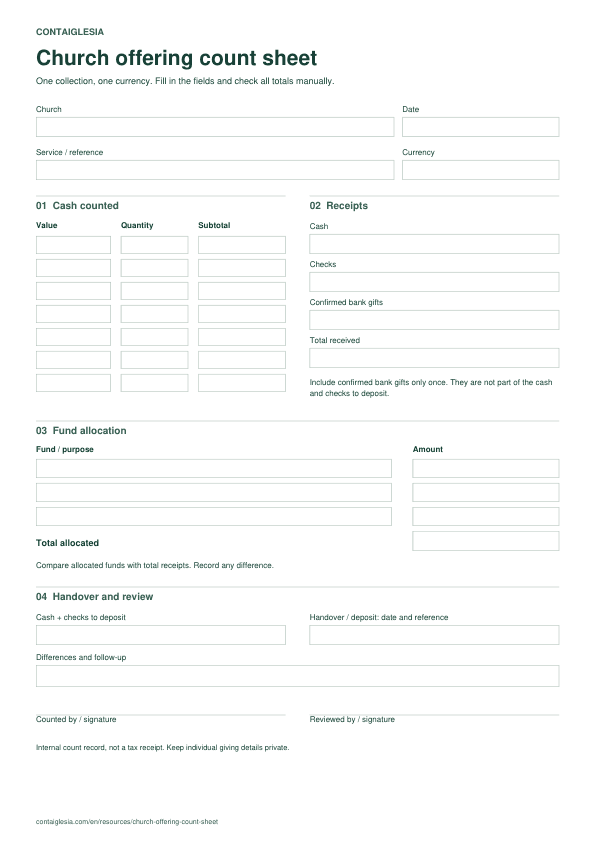 Count sheet preview: service details, cash, funds, deposit and signatures.