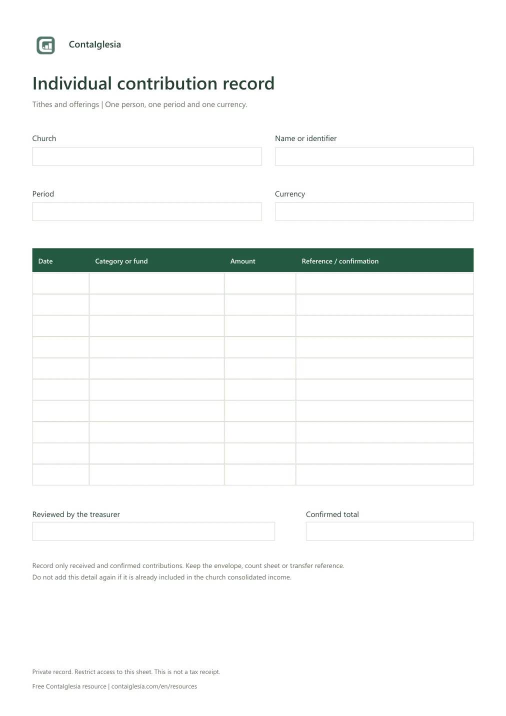 Individual contribution form with church, person, period, currency and ten contribution rows with references