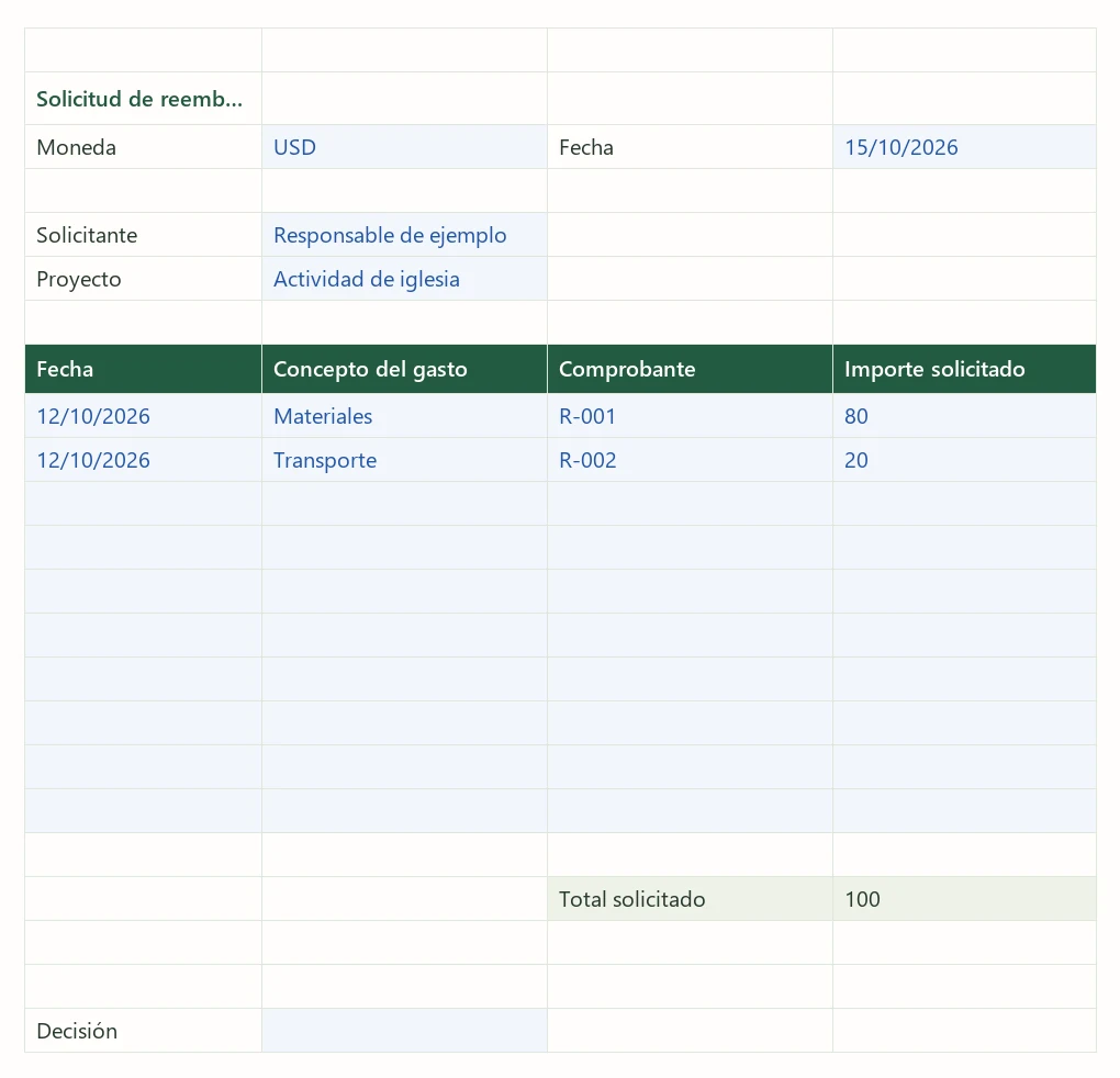 Solicitud de reembolso con detalle de compras, referencias de comprobantes y total solicitado