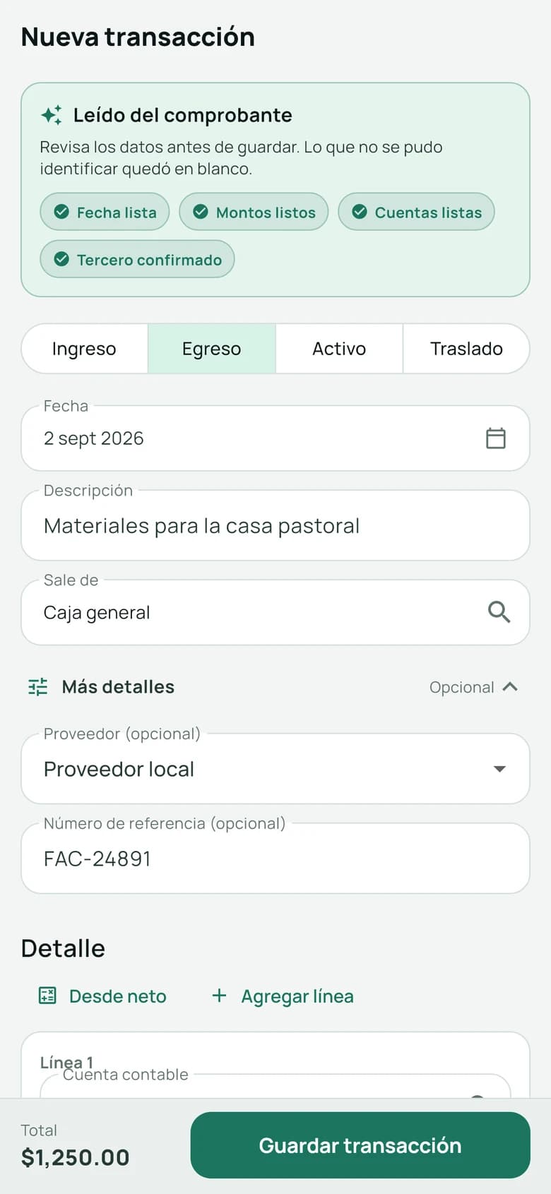 Pantalla real de ContaIglesia con el mismo gasto de materiales para la casa pastoral: 1.250 pesos y referencia FAC-24891