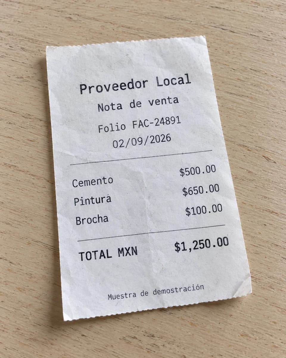 Comprobante de demostración de materiales por 1.250 pesos mexicanos, con fecha 2 de septiembre y referencia FAC-24891