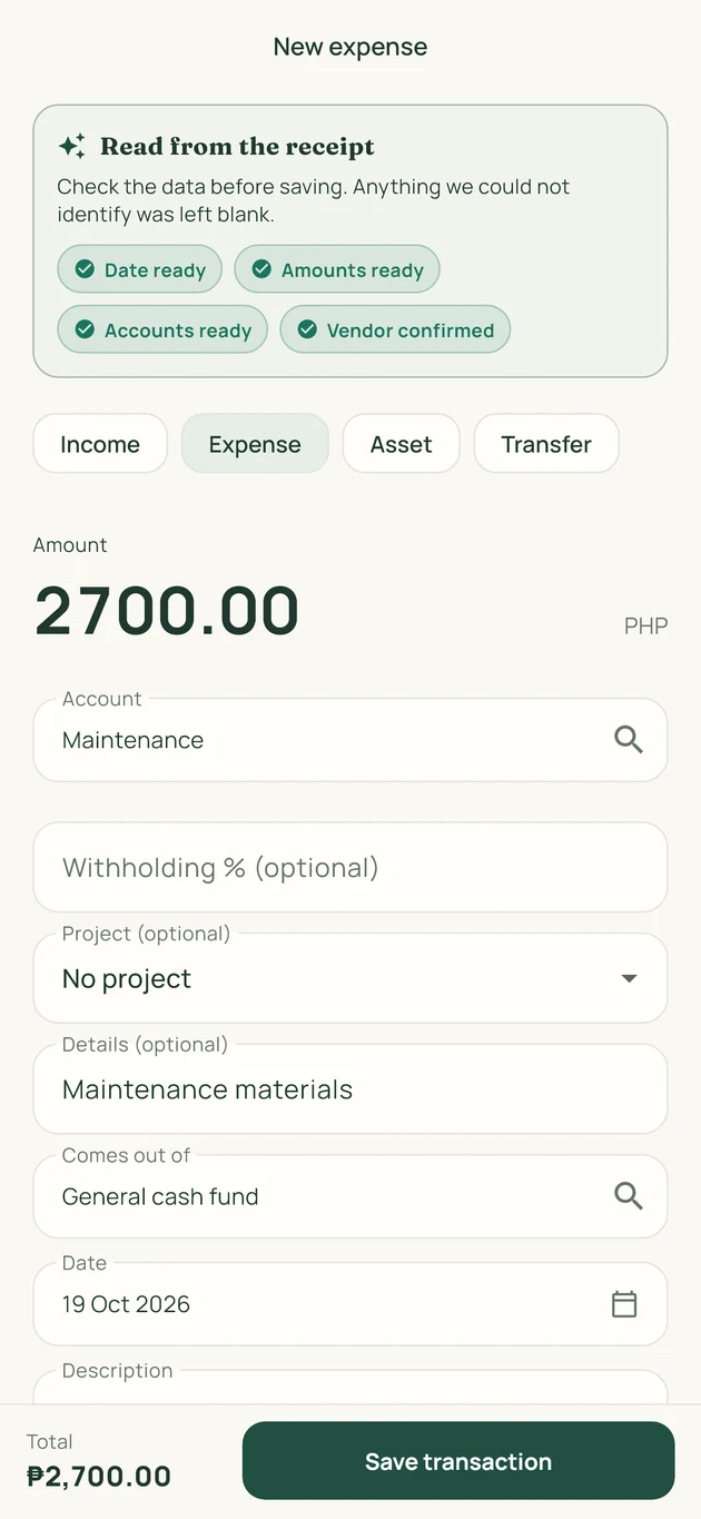 ContaIglesia lets you review receipt details in English and a PHP 2,700 expense before saving