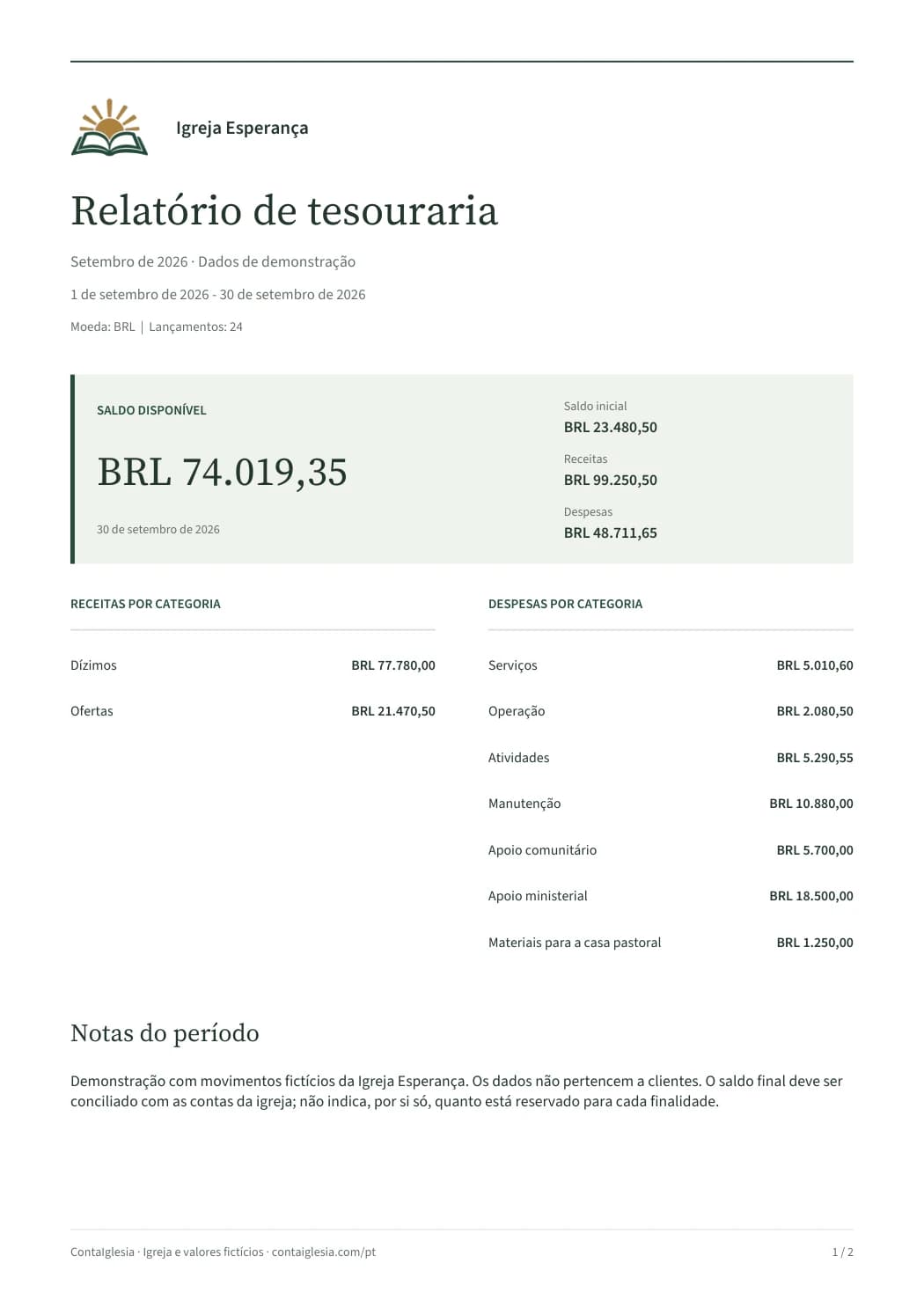 Primeira página de um relatório fictício de igreja em português e reais