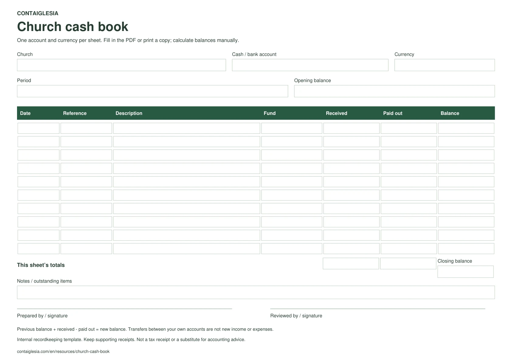 Blank church cash book with church, account, currency, period, opening balance, ten transaction rows and signature lines