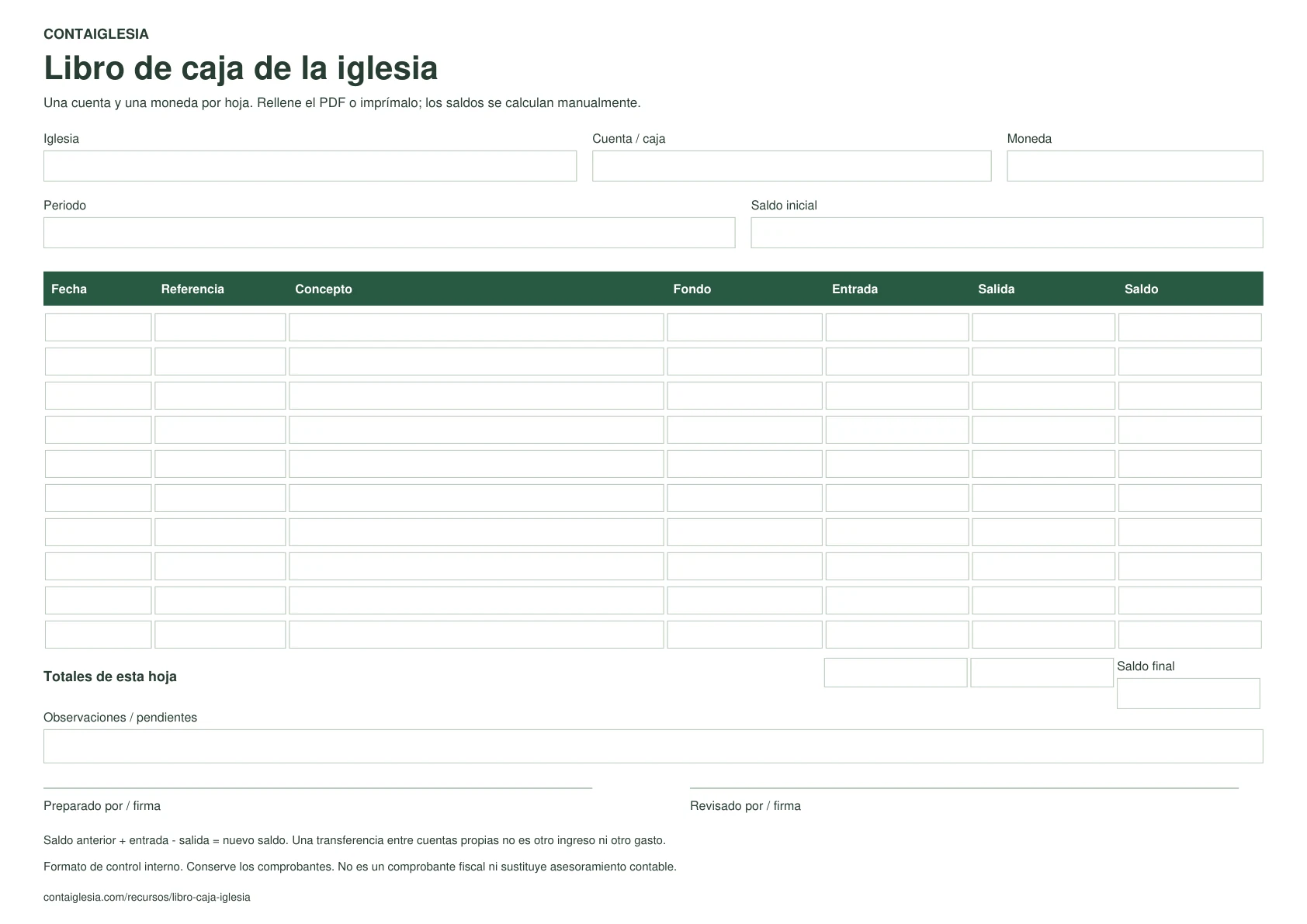 Libro de caja en blanco con iglesia, cuenta, moneda, período, saldo inicial, diez filas de movimientos y firmas