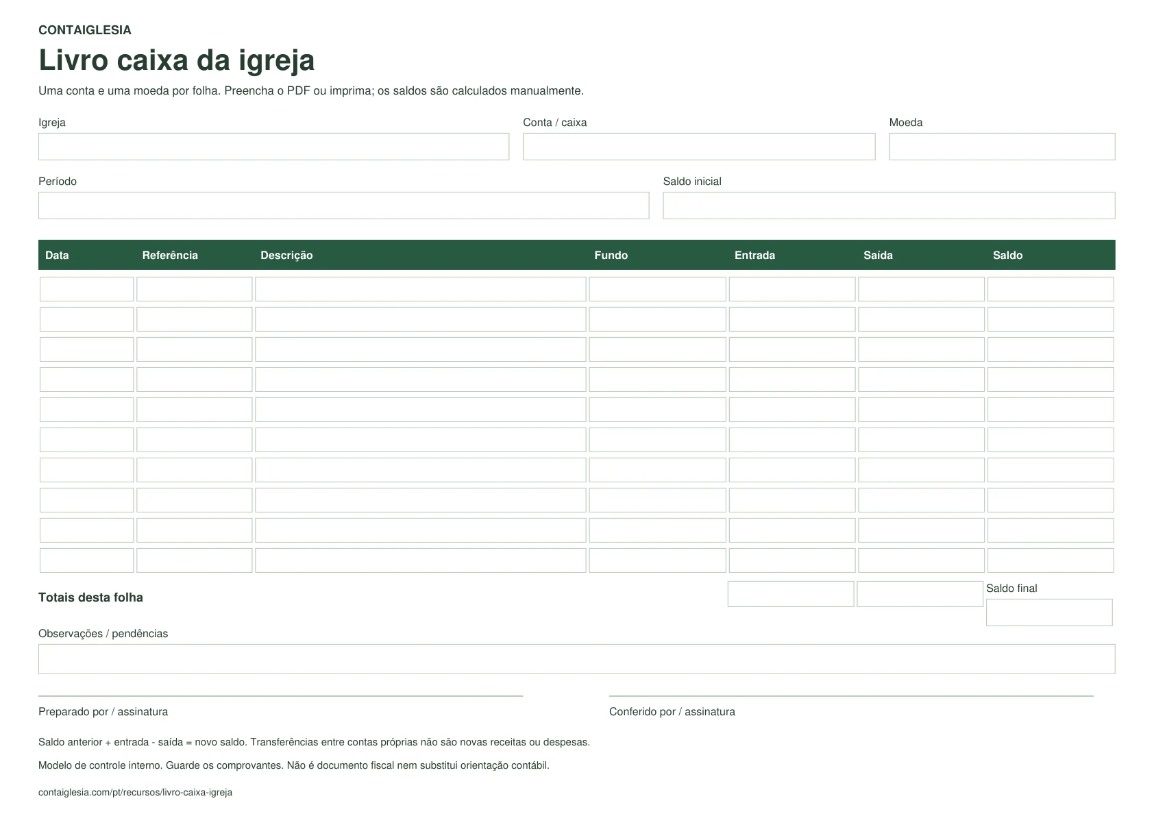 Livro caixa em branco com igreja, conta, moeda, período, saldo inicial, dez linhas de movimentos e assinaturas