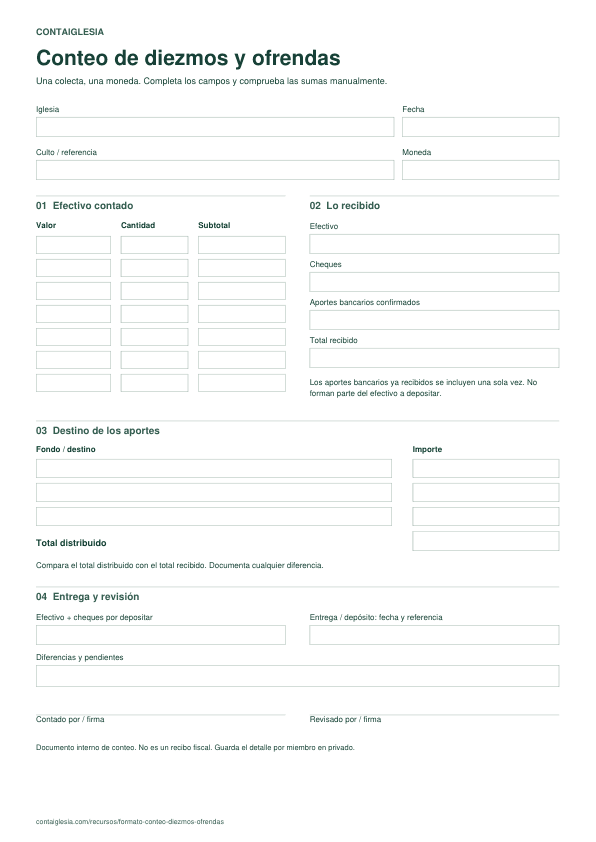 Vista del formato: datos del culto, efectivo, fondos, depósito y firmas.