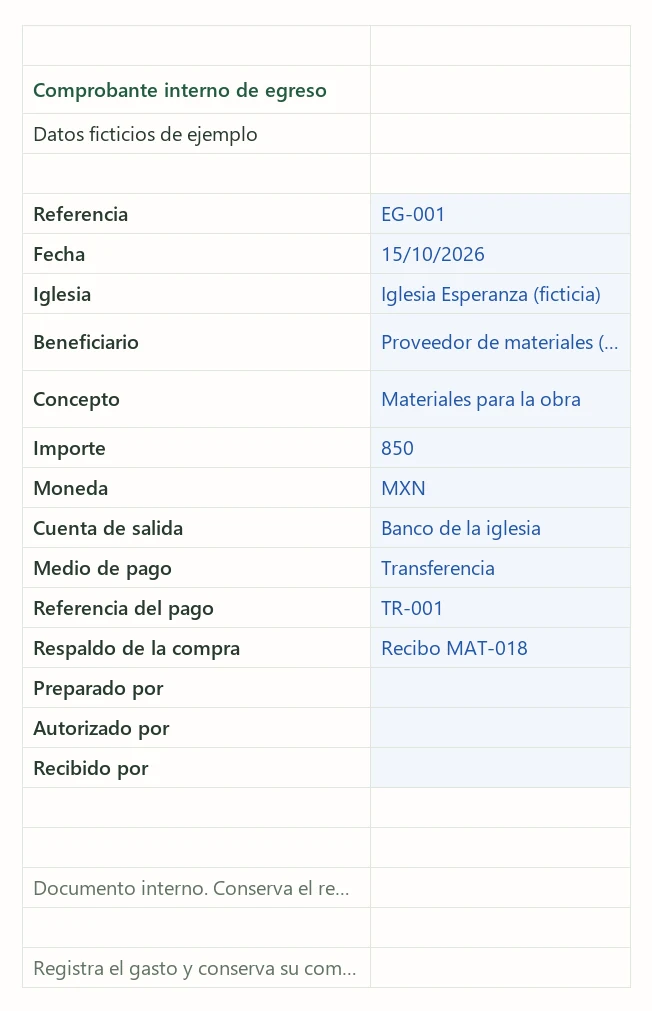 Formulario de comprobante interno de egreso con concepto, importe y campos para documentar el pago