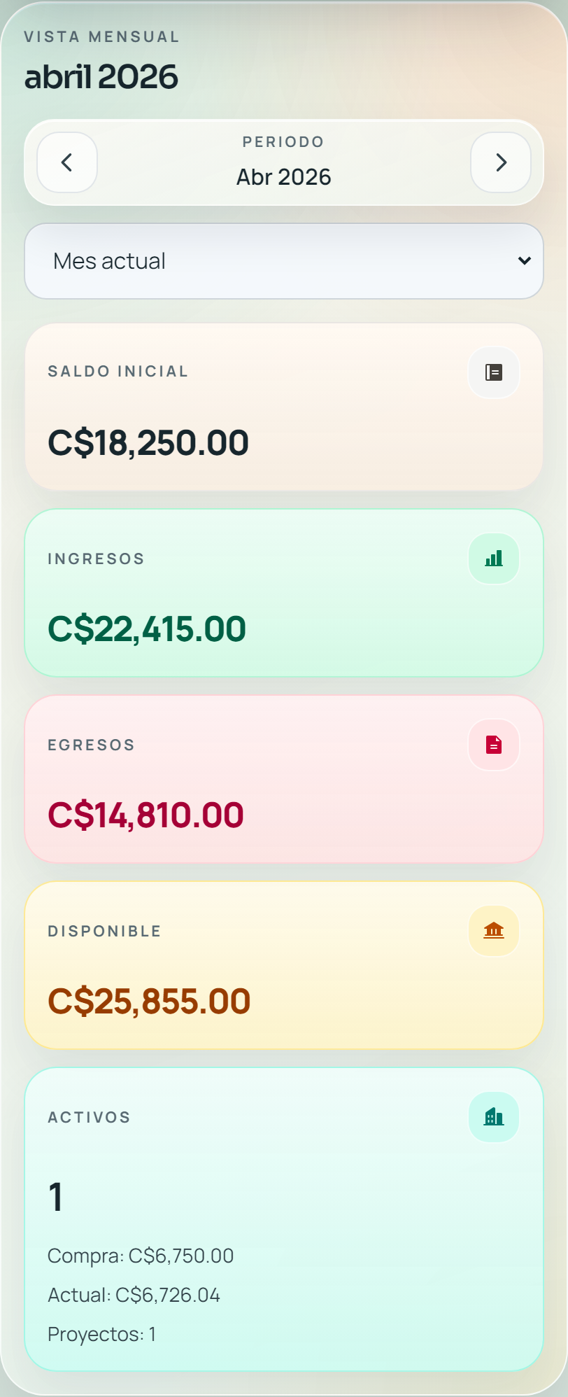 Resumen mensual con ingresos, egresos y retenciones en ContaIglesia