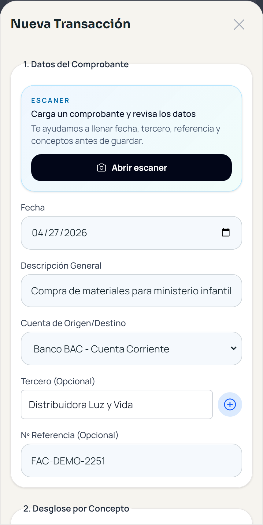 Pantalla de registro de una transacción en ContaIglesia