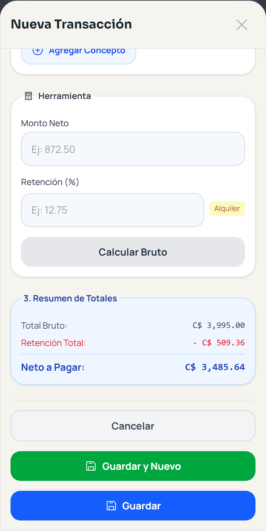 Resumen de una transacción con retención calculada en ContaIglesia